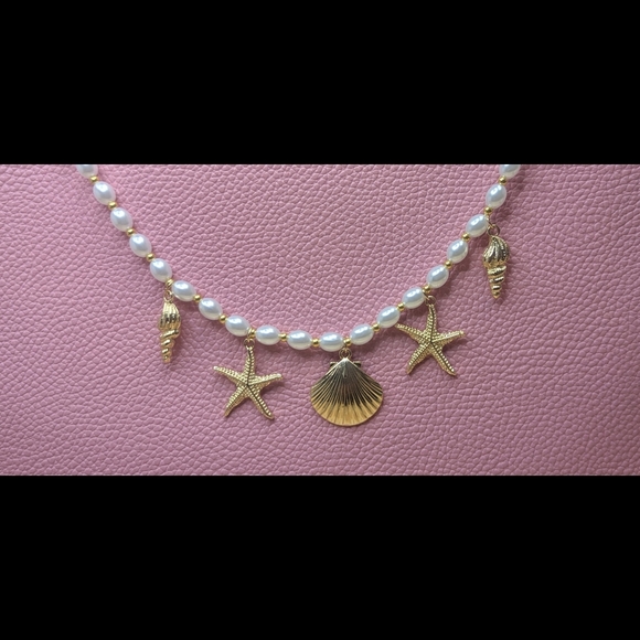 Seashell Starfish Purse Charm Chain Gold Tone Faux Pearl Bag Accessory Jewelry - Picture 6 of 6